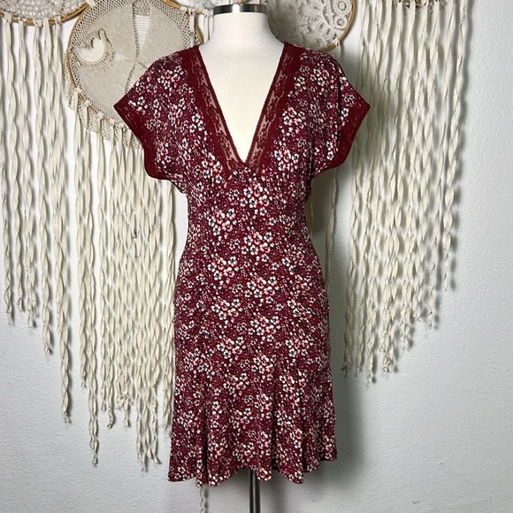 Free People NWOT Burgundy Floral Sweet Talker Mini Dress Size Small - Picture 1 of 13